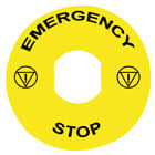 Harmony XB4, Legend, plastic, yellow, 90, for emergency stop, marked EMERGENCY STOP with logo ISO13851