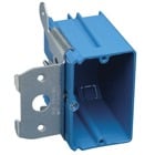 One-Gang Adjustable New Work Outlet Box, Volume 21 Cubic Inches, Length 3.65 Inches, Width 2.25 Inches, Depth 3.32 Inches, Color Blue, Material PVC, Mounting Means up to 1-3/4 Inch Adjustable Bracket