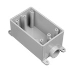 Single Gang FS Box, Volume 18 Cubic Inches, Length 4.54 Inches, Width 2.80 Inches, Depth 2.30 Inches, Conduit Size 3/4 Inch, Material PVC, Color Gray