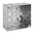 Eaton Crouse-Hinds series Square Outlet Box, (2) 1/2", (2) 1/2", (1) 3/4" E, 4", Conduit (no clamps), Welded, 2-1/8", Steel, (8) 1/2",(4) 1/2", (1) 3/4" E, 30.3 cubic inch capacity